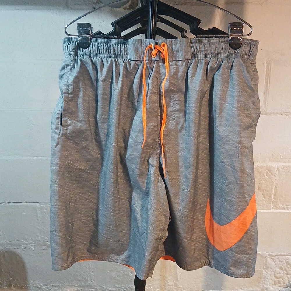 Nike Men's Gray Swim Trunks with Orange Accents